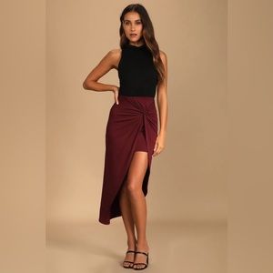 Lulus Put a Spin On It Burgundy Twist-Front High-Low Midi Skirt NEW